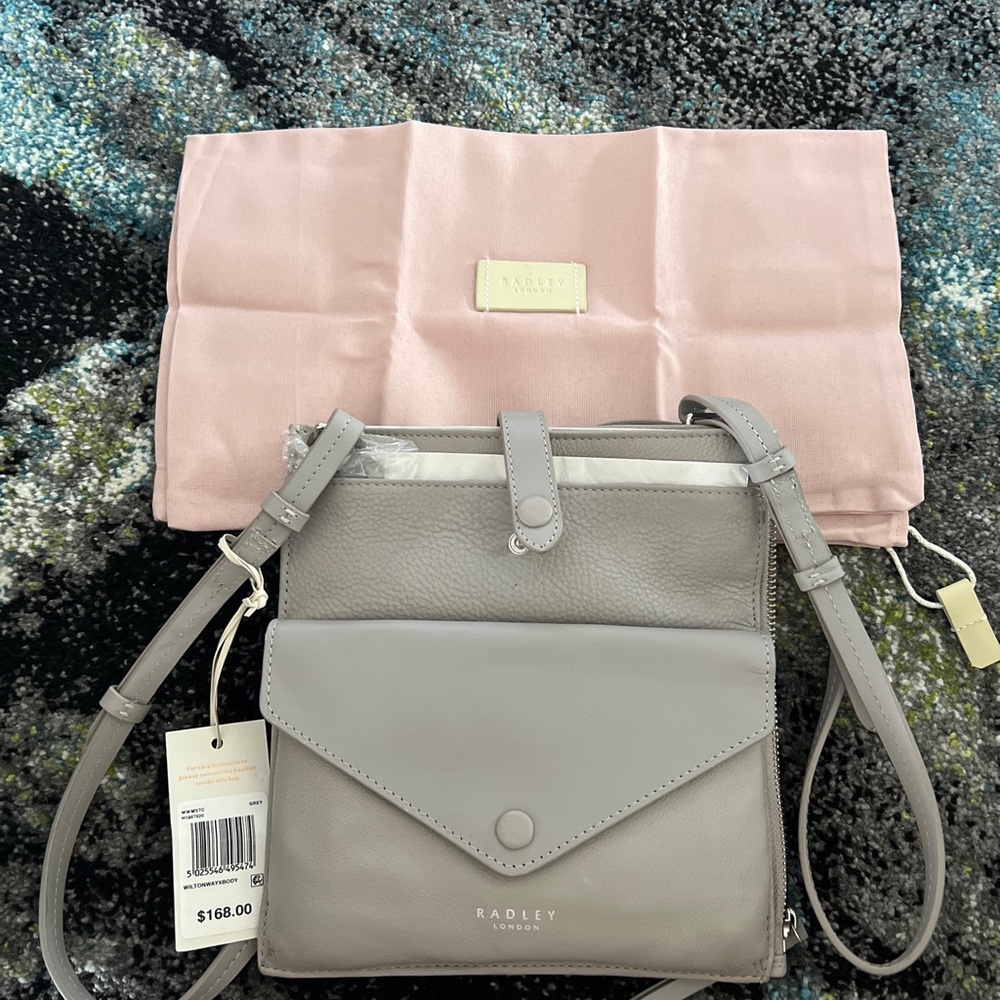 NWT Radley London Wilton Way Small Sling Bag Grey Leather with Dust Bag